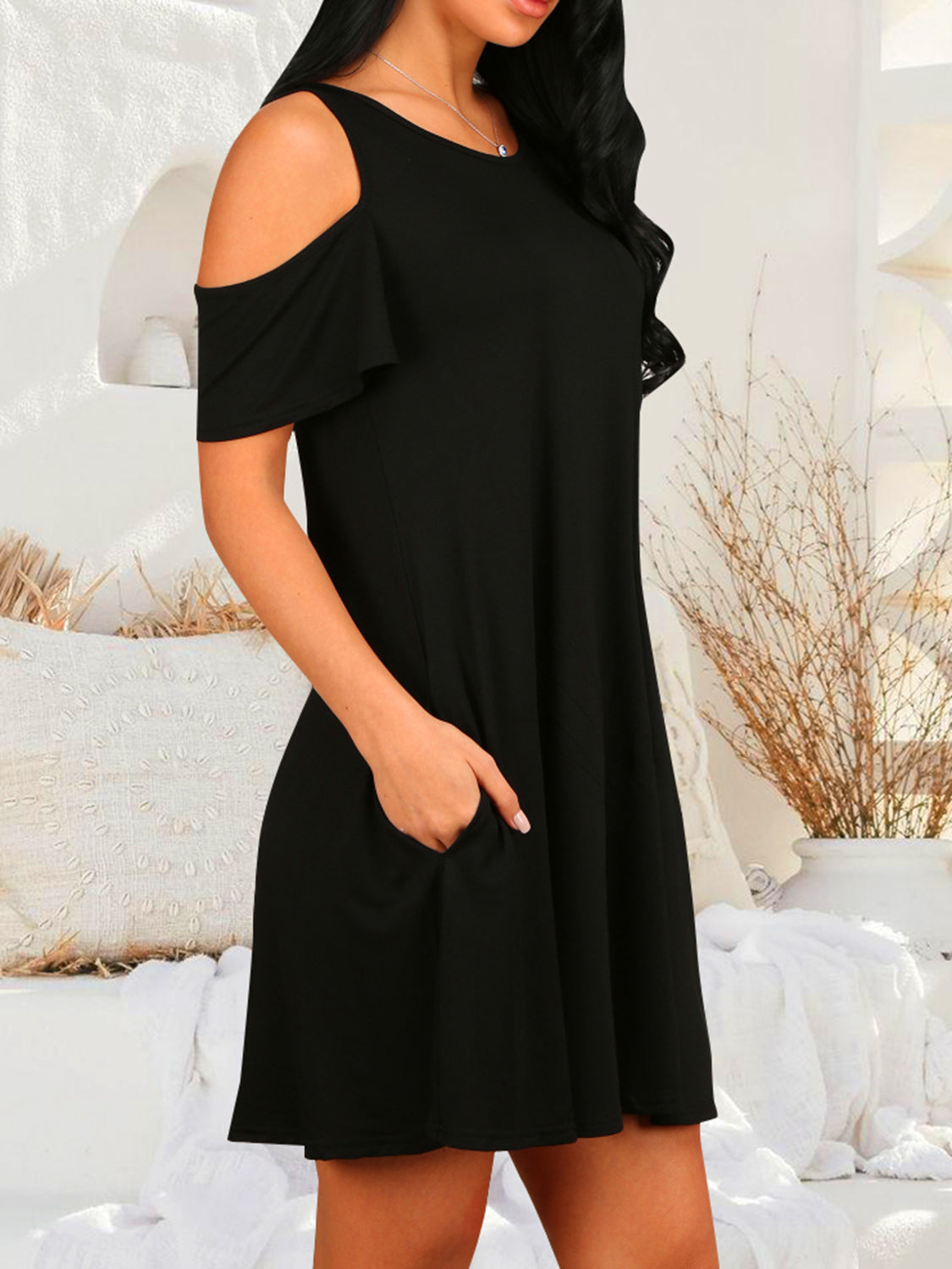 Round Neck Cold Shoulder Short Sleeve Dress - store name